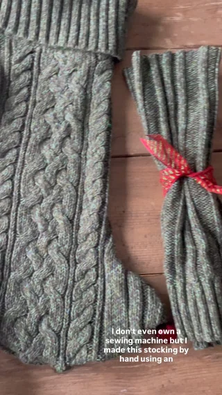 I’m not very crafty, I don’t own a sewing machine, but I made this stocking by hand using an old sweater I thrifted for five dollars!